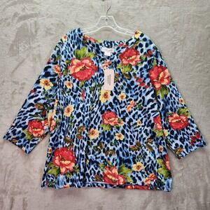 Allison Daley Tunic Womens Plus 1X Top Blue Floral Leopard Print 3/4 Sleeve New